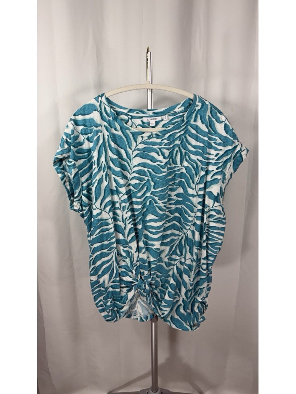 Chicos Size 3 XL Teal Palm Leaf Print Knot Front Tee Cotton Slub Dolman Top Boho